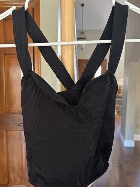 Anthropologie Black Ribbed X Cross Strap Crop Top Size S/M Nylon Stretch